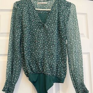 Abercrombie & Fitch Teal Green Floral Tie-Neck Bodysuit